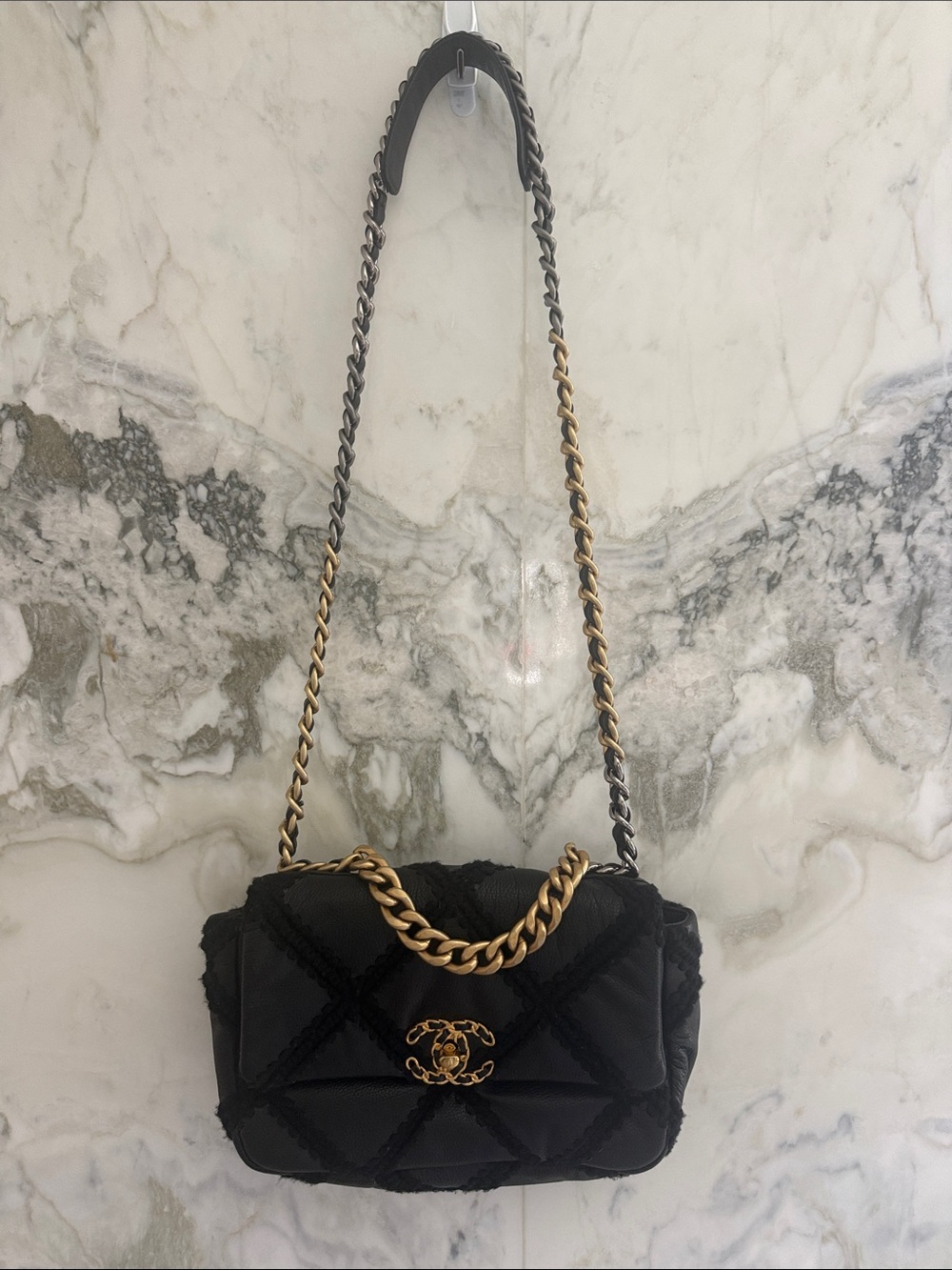 Designer inspired  Black Quilted Shoulder Bag with Gold Accent